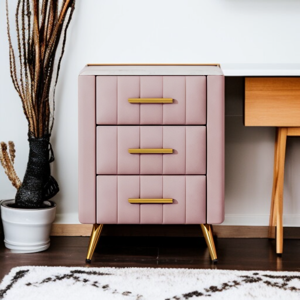 三段引き出し付き金属脚と取っ手の完成済み木製ナイトスタンド