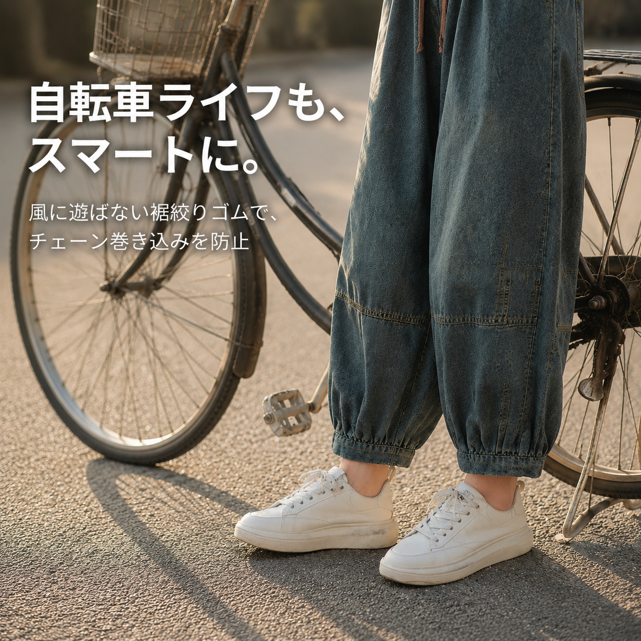 レディースゴムウエストゆったり大きいサイズ切り替えデニム九分丈ハーレムパンツ