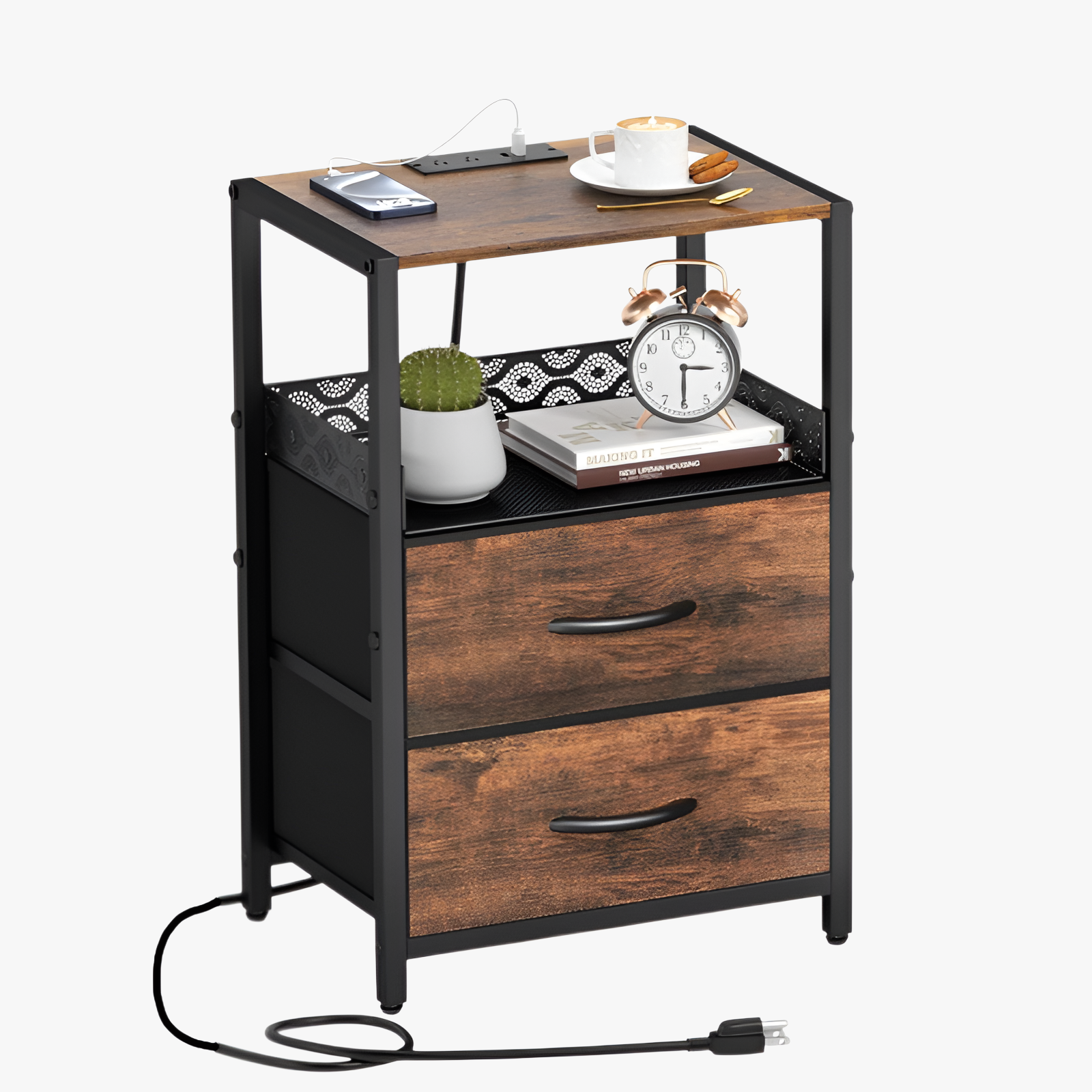 Dreilagiges Aufbewahrungsregal mit integrierter Ladestation und USB-Port, mit Schublade
