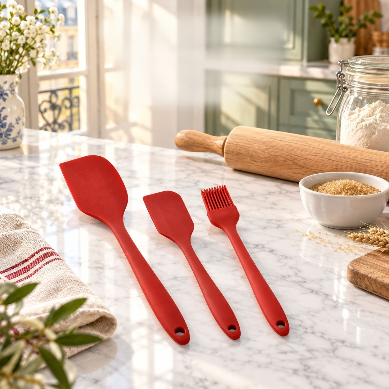 Set de 3 Spatules et Pinceau en Silicone Monobloc pour Pâtisserie et Crème