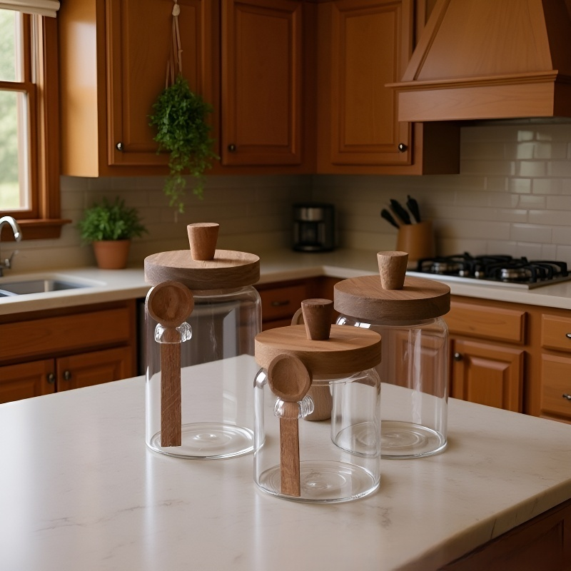 나무 숟가락이 포함된 주방용 유리 보관 용기