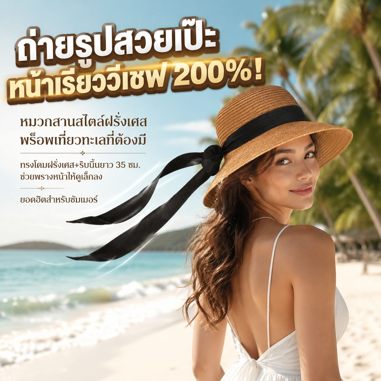 หมวกฟางสไตล์ฝรั่งเศสหวาน ๆ สำหรับผู้หญิง หมวกกันแดดสำหรับพักร้อนและชายหาด