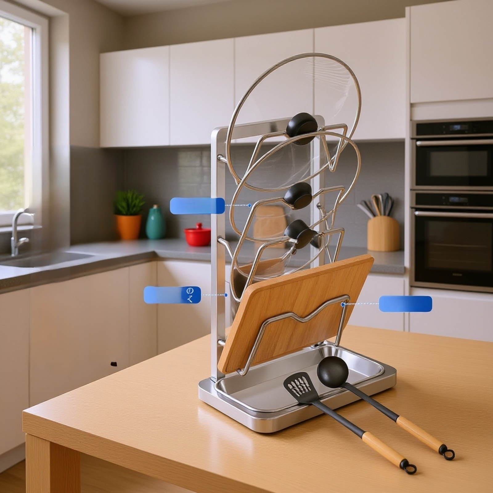 鍋蓋を立てて収納できるスタンド