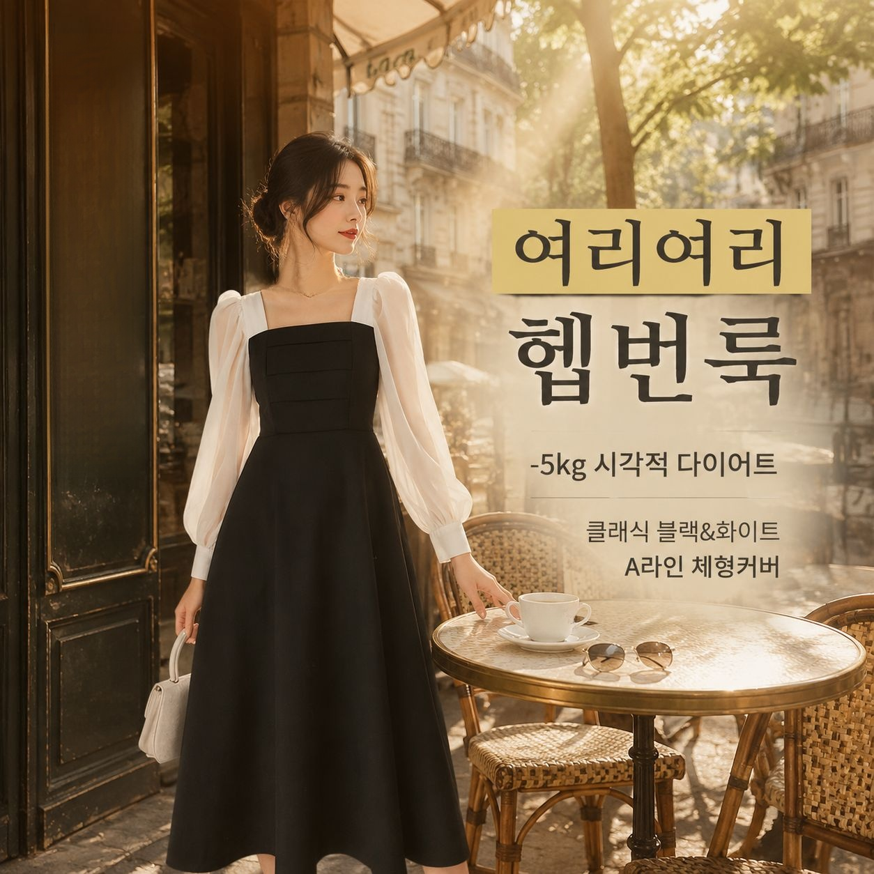 춘추 신상 블랙 네모 옷깃 A라인 원피스