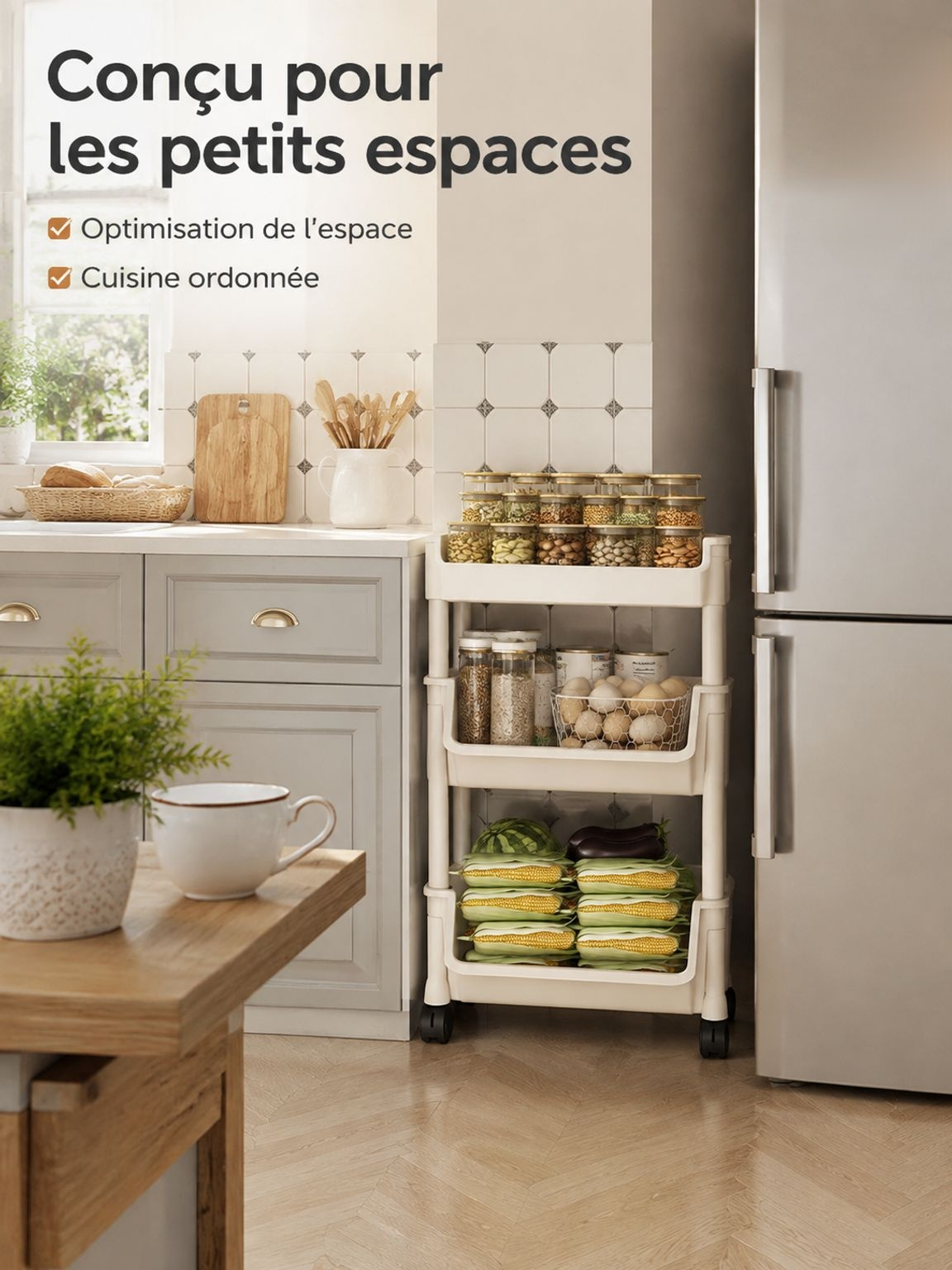 Vue globale de la desserte de rangement de cuisine à roulettes