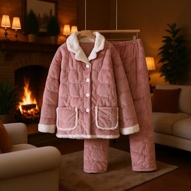 ファーカラーのベージュの厚手の冬用パジャマ、3層キルティングコットンセット、コーラルフリースの暖かいホームウェア