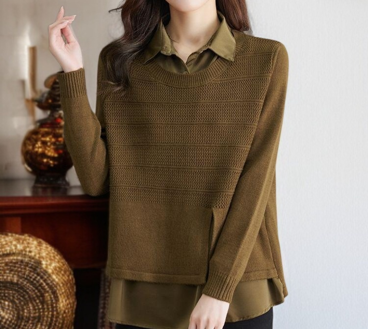 時尚女士假兩件針織襯衫毛衣正面展示