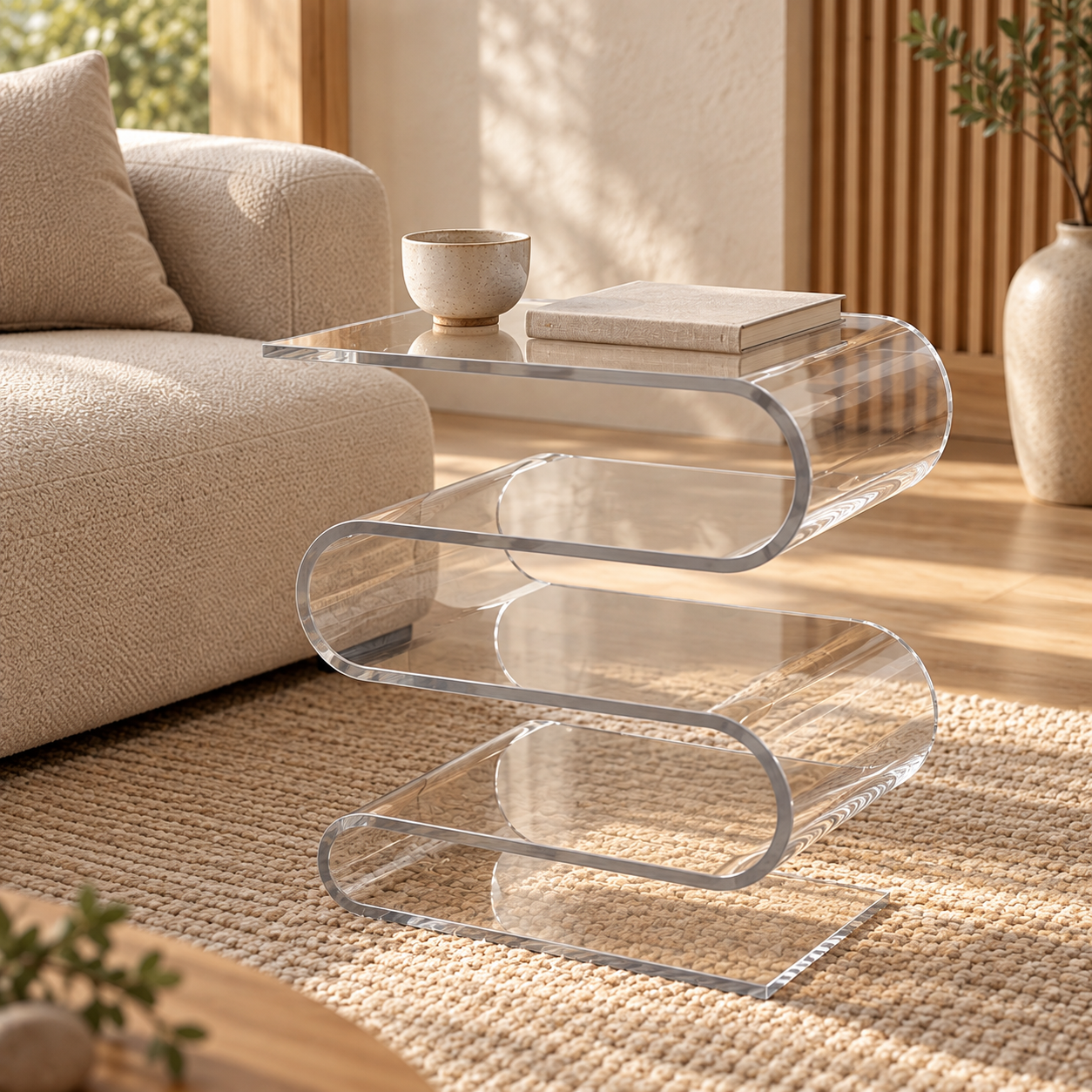 Transparenter Sofatisch für das Schlafzimmer in modernem Design