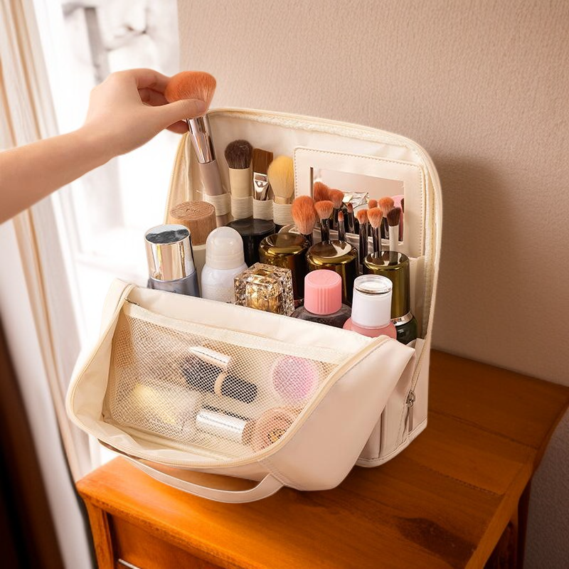 Trousse de maquillage portable multifonction avec miroir, sac de rangement de toilette de voyage
