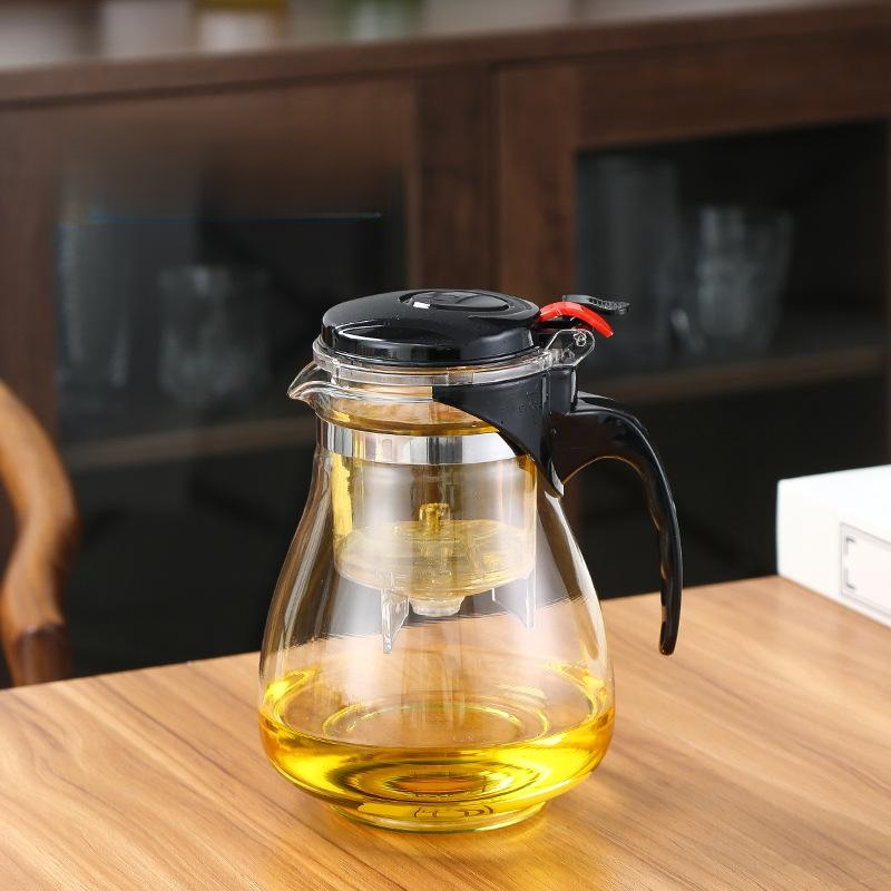 Hitzebeständige und explosionssichere Glasteekanne, Ein-Knopf-Filter, geeignet für Tee und Wasser