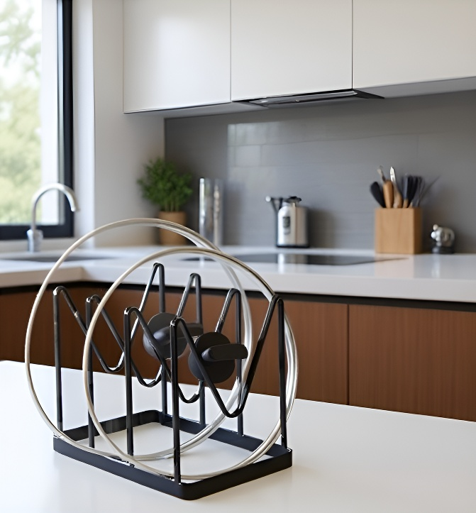 냄비 뚜껑 여러 개 정리된 모습