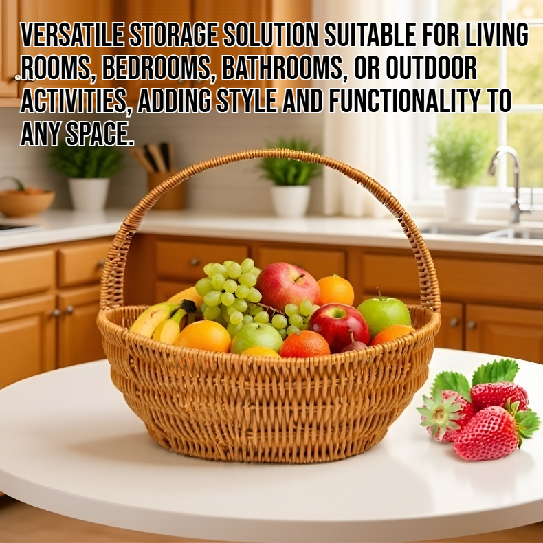 Woven rattan hand-held storage basket on wooden table