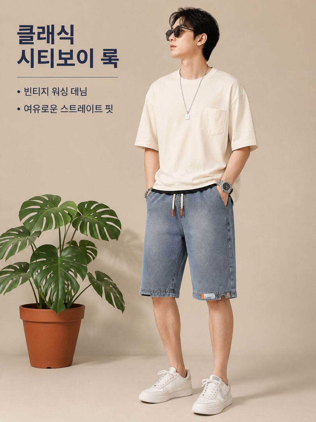 남성 루즈핏 빈티지 일자 7부 데님 반바지