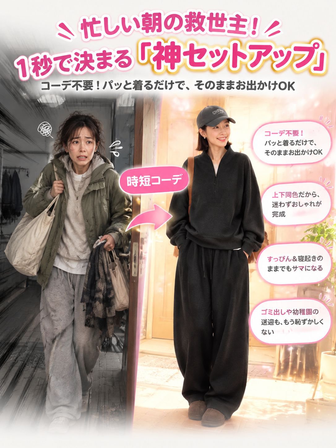 骨格矯正3Dシルエット監修！着るだけで小顔＆細見えを実現する魔法のハーフジップセットアップ