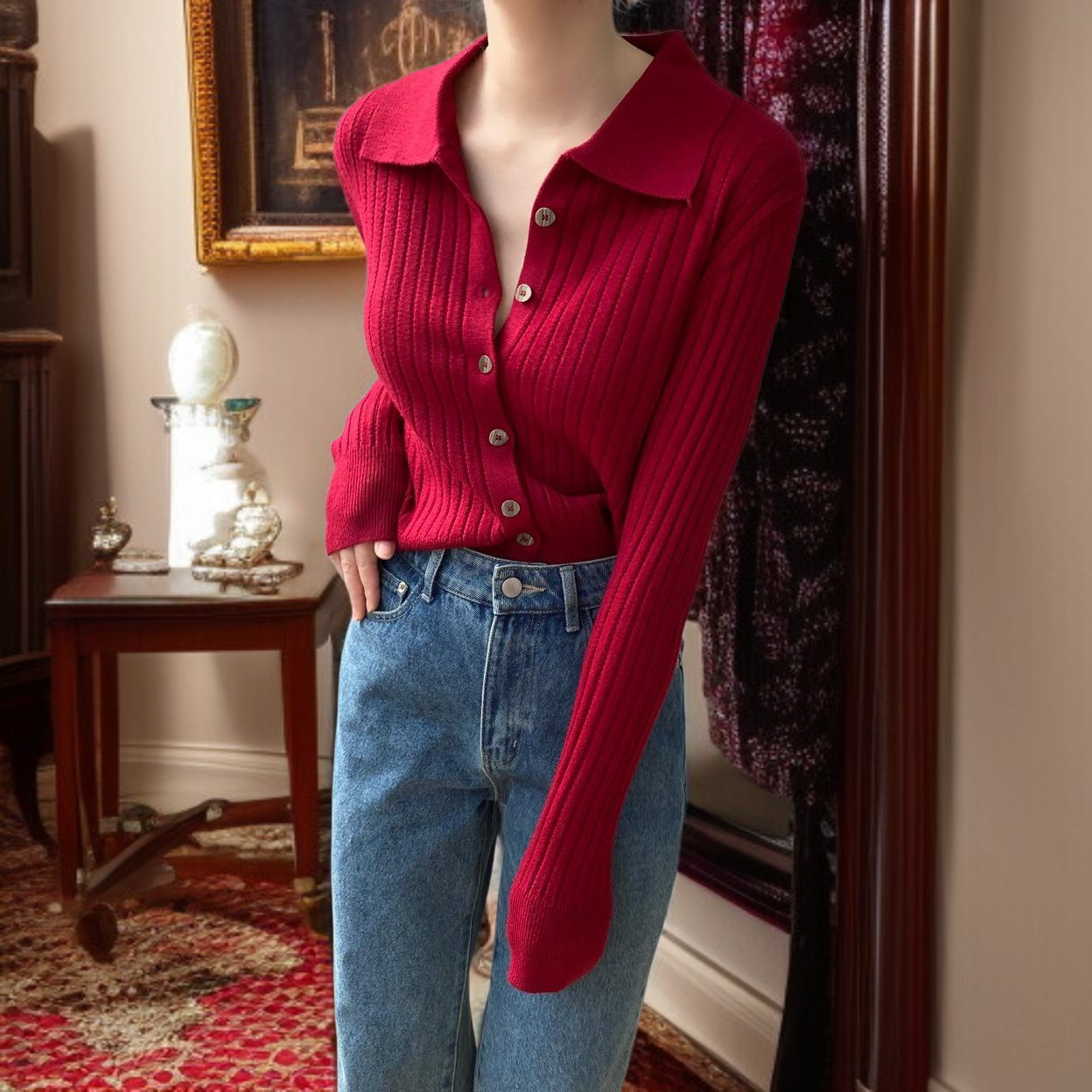 여자 긴팔 니트녀 카디건 위에 출퇴근 상의 문예 긴팔 니트녀