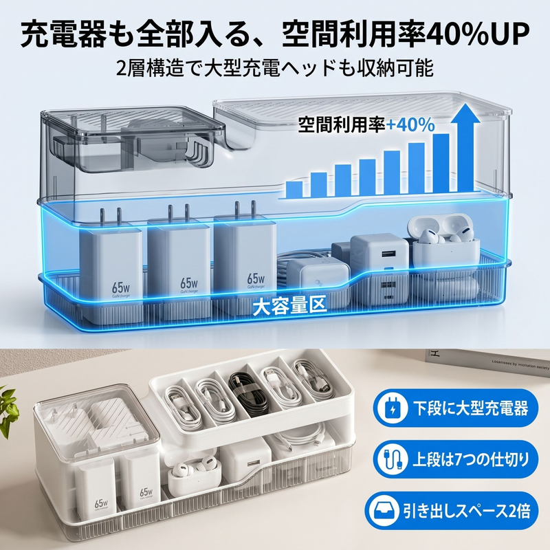 充電ケーブル収納ボックス電源タップ整理器スマホ充電器収納箱