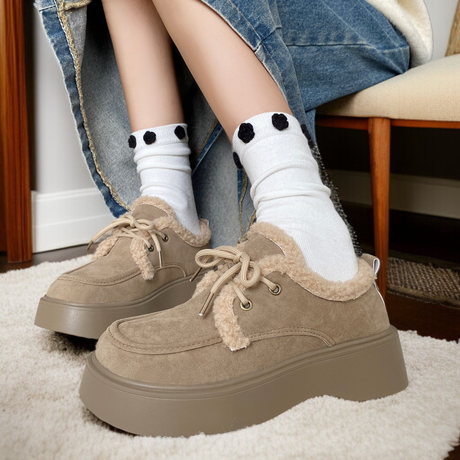 작은 구두 여 융에 도톰한 스트랩 로퍼 보온 퍼 스몰 구두 여 통굽 면화 여