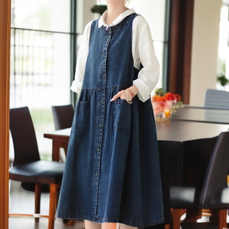 통통 Mm 여름 루즈핏 빈티지 데님 원피스 살 가리고 날씬해 보이는 미디 스커트 여 데님 나시 스커트