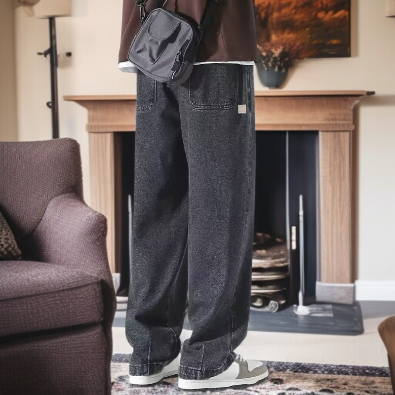 メンズアメリカンウォッシュジーンズ、ルーズストレート、トレンドブランドワイドパンツ、アメリカンハイストリート万能カジュアルロングパンツ