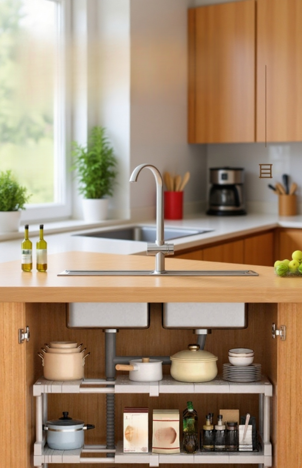 تنظيم خزائن المطبخ باستخدام رف تقسيم متعدد الوظائف