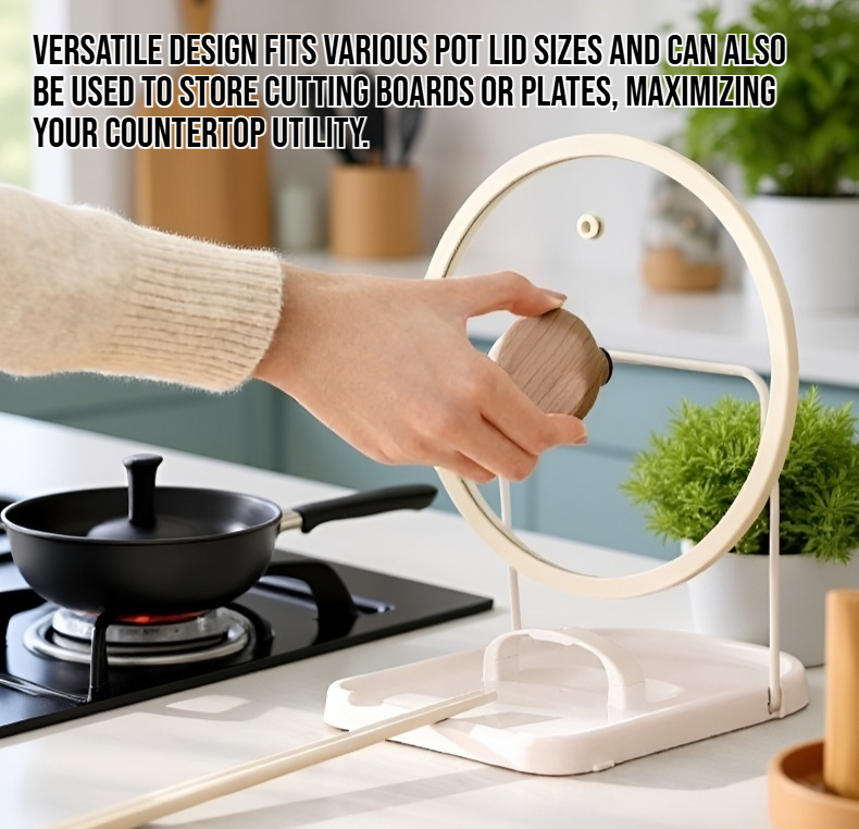 Foldable tabletop pot lid storage rack on kitchen counter