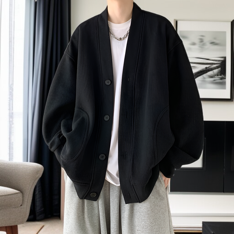 春と秋に着用する男性用のレイジースタイルのウールカーディガンジャケット、Vネックのアメリカンジャケットを備えた先進的な若々しいフードなしセーター