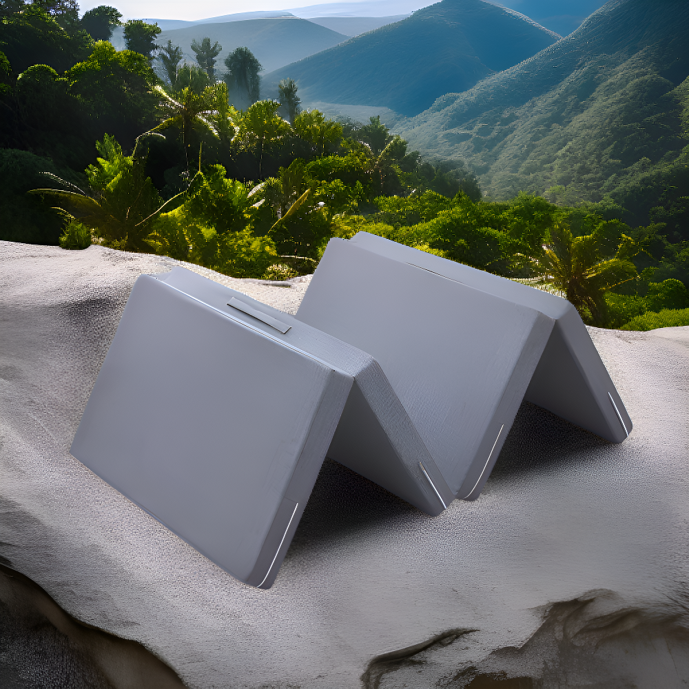 Portable folding mattress for lunch break, perfect for outdoor use.