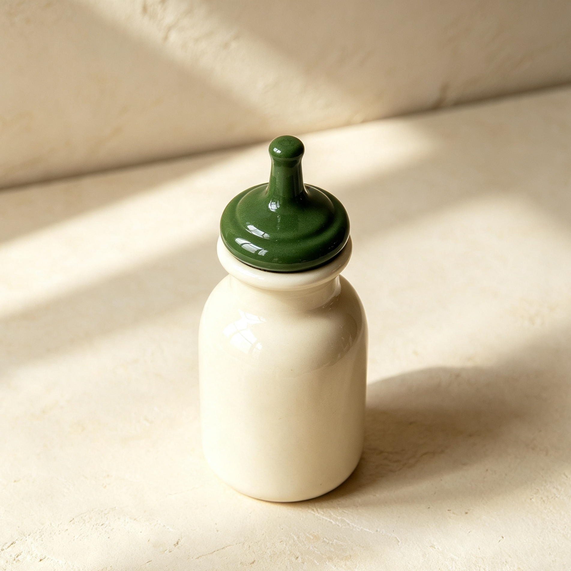 Enameled condiment bottles filled with oil, vinegar, and sauces
