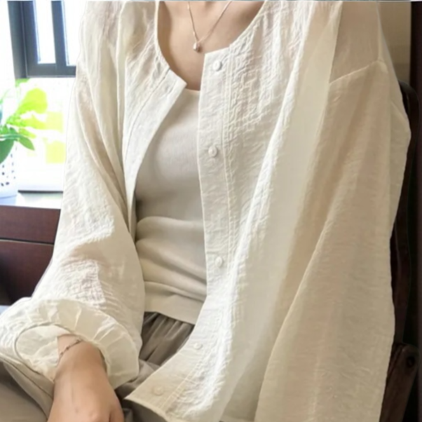 긴팔 벌룬소매 선블라우스 부드러운 카디건 블라우스 시스루 여름 얇은 텐셀 라운드 블라우스