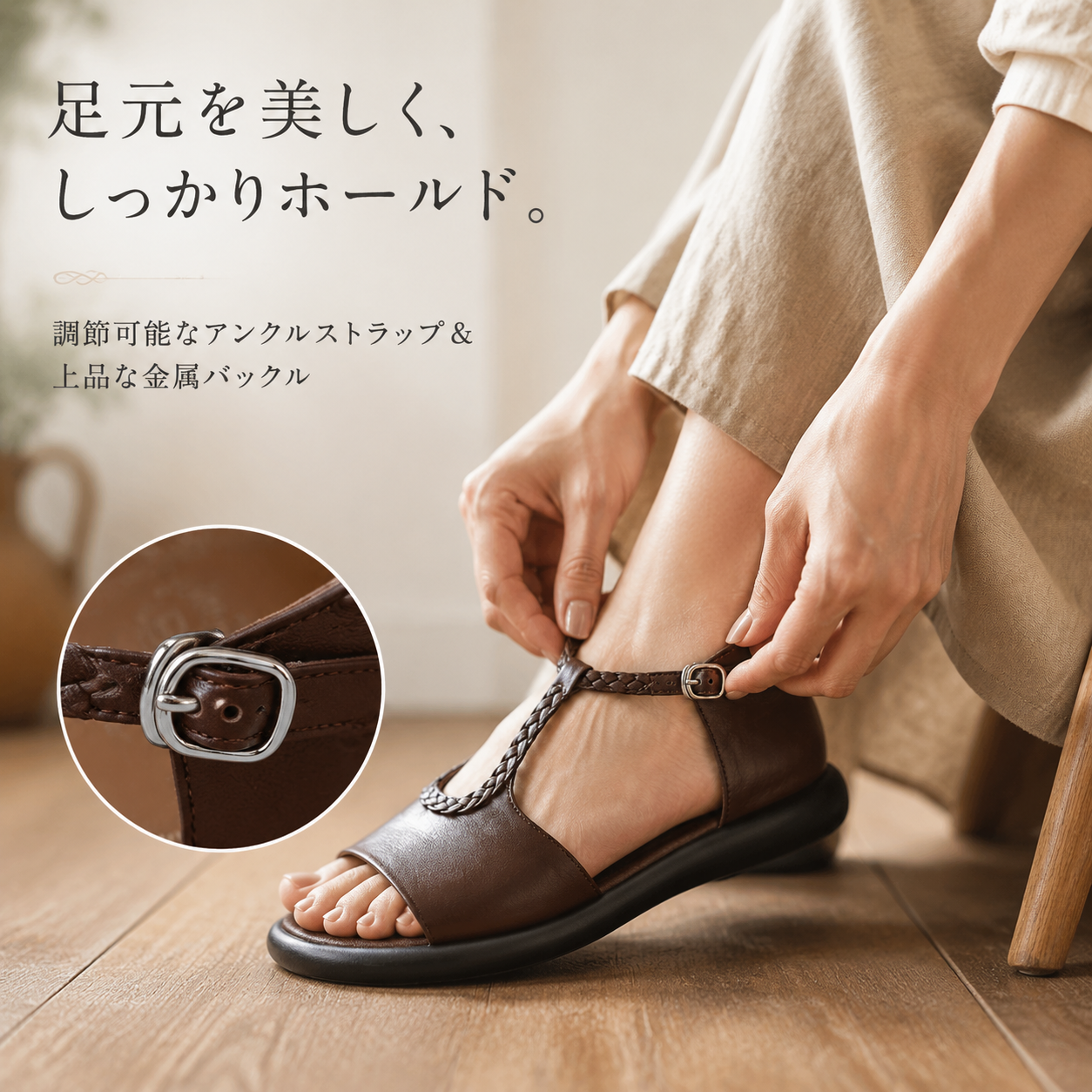 レトロ編み込みレディースサンダル