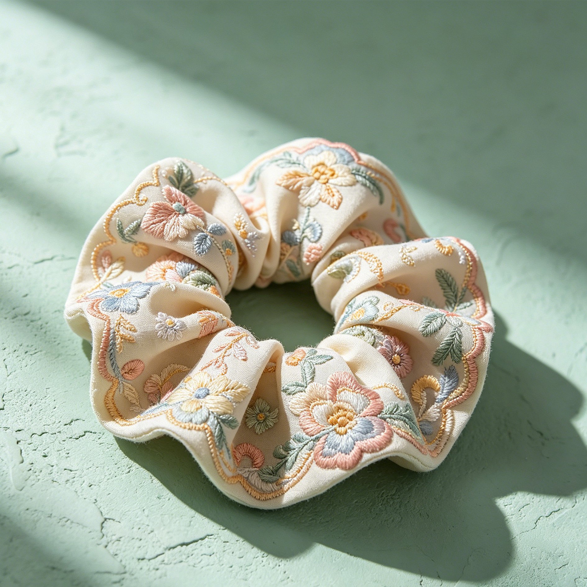 Set of 10 embroidered fabric hair ties in assorted colors