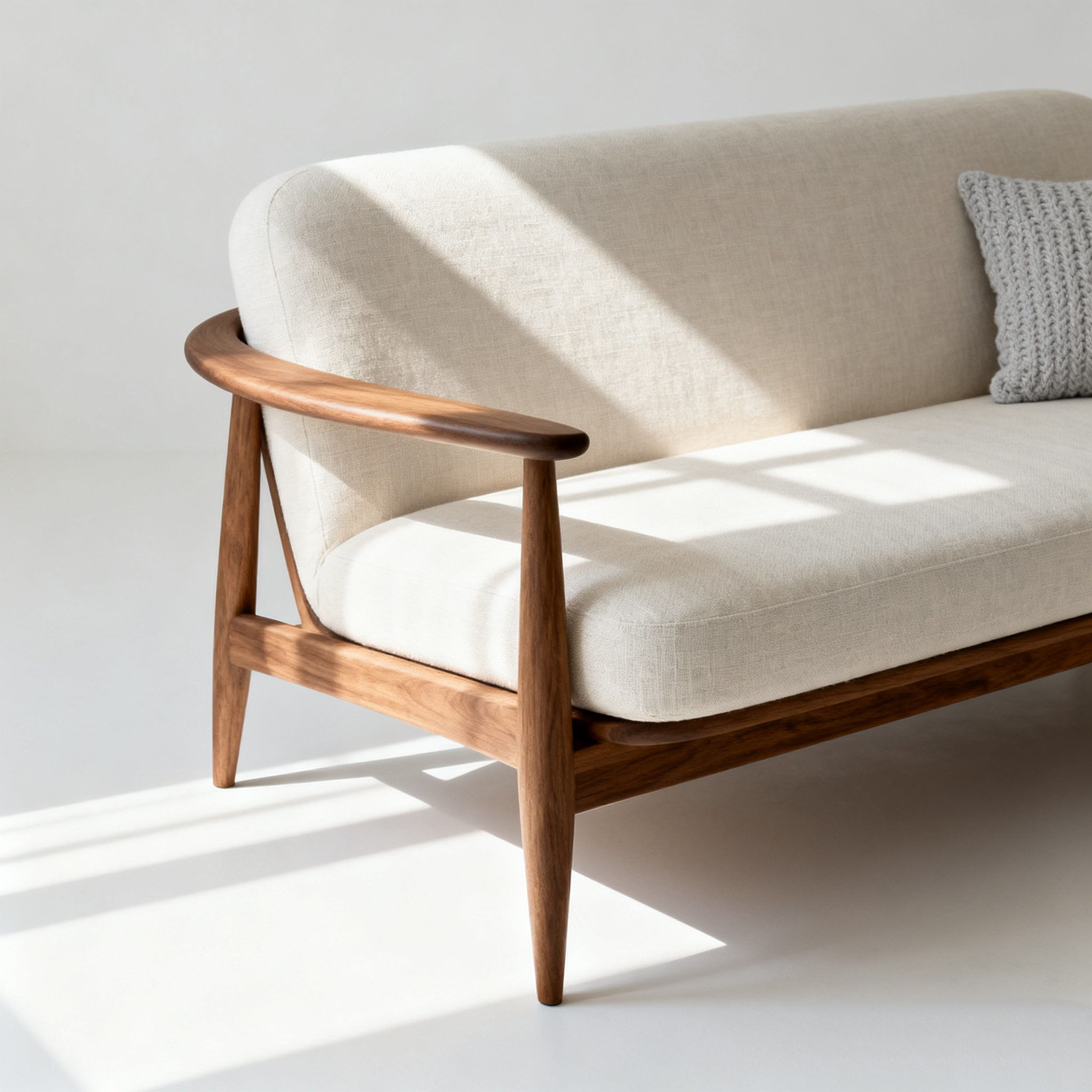 Sofá blanco para dos personas con base de madera