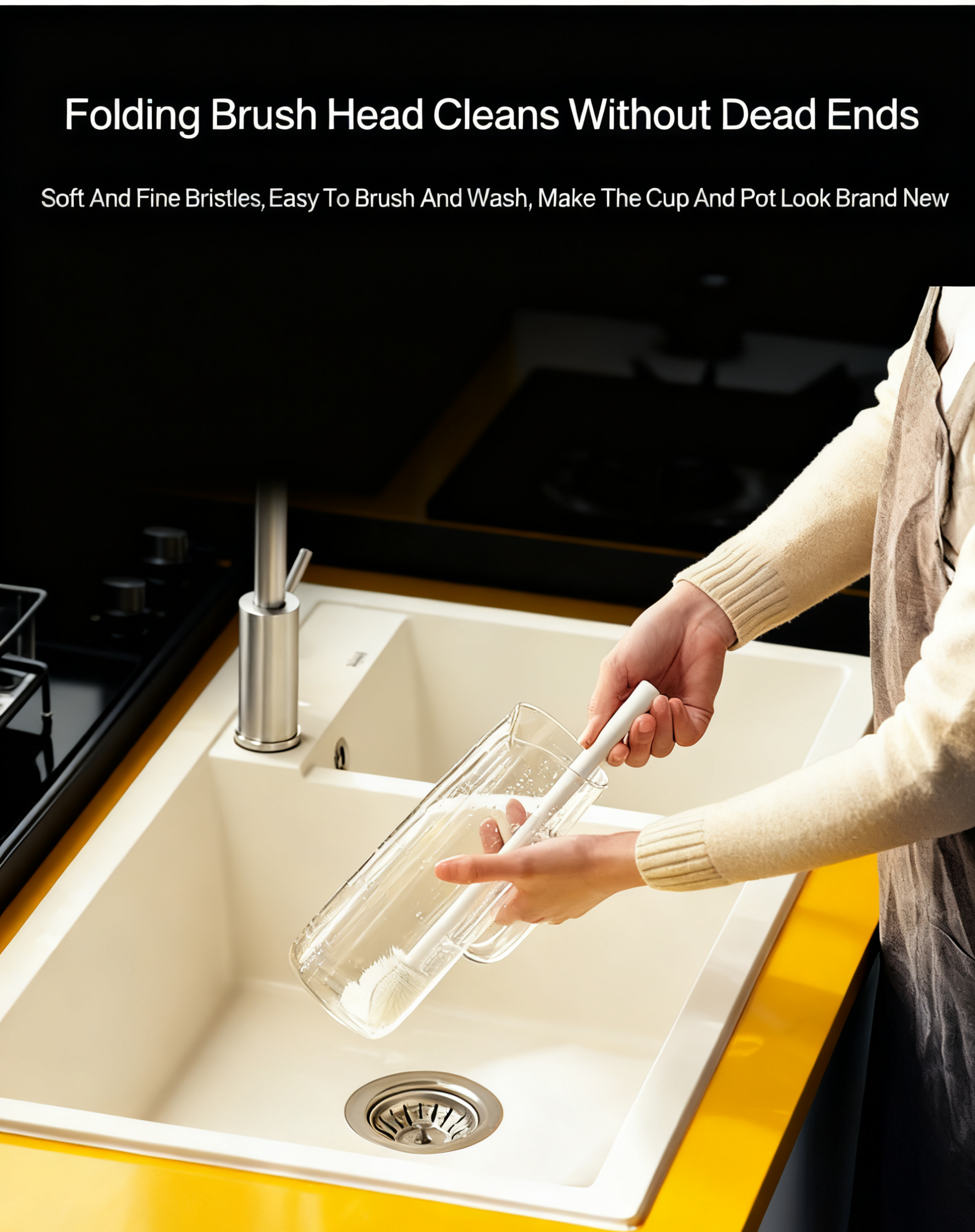 Soft silicone bristles gently cleaning a cup
