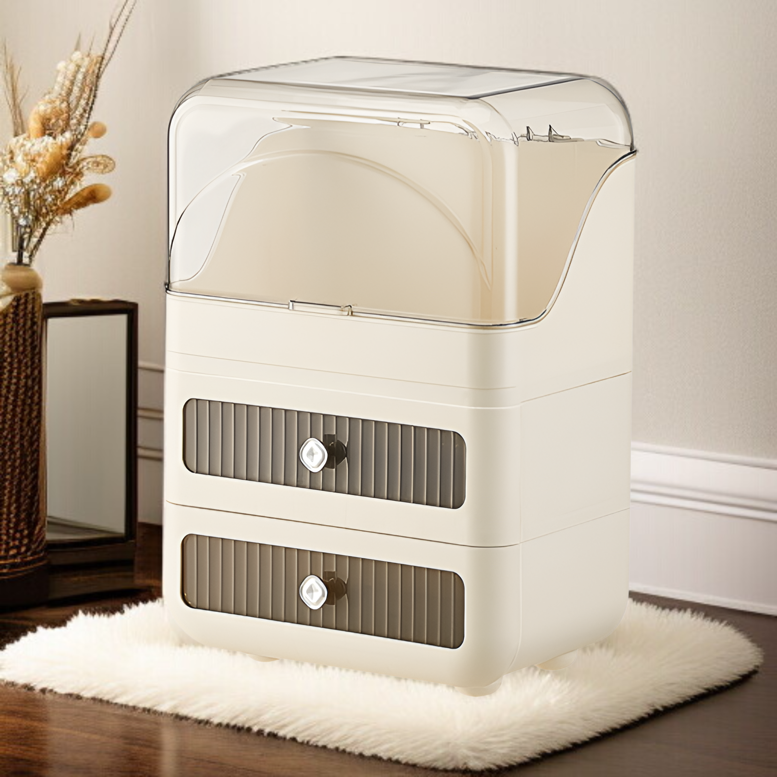 Große Kosmetik-Organizer-Box im Creme-Stil, staubdicht, mit Schublade