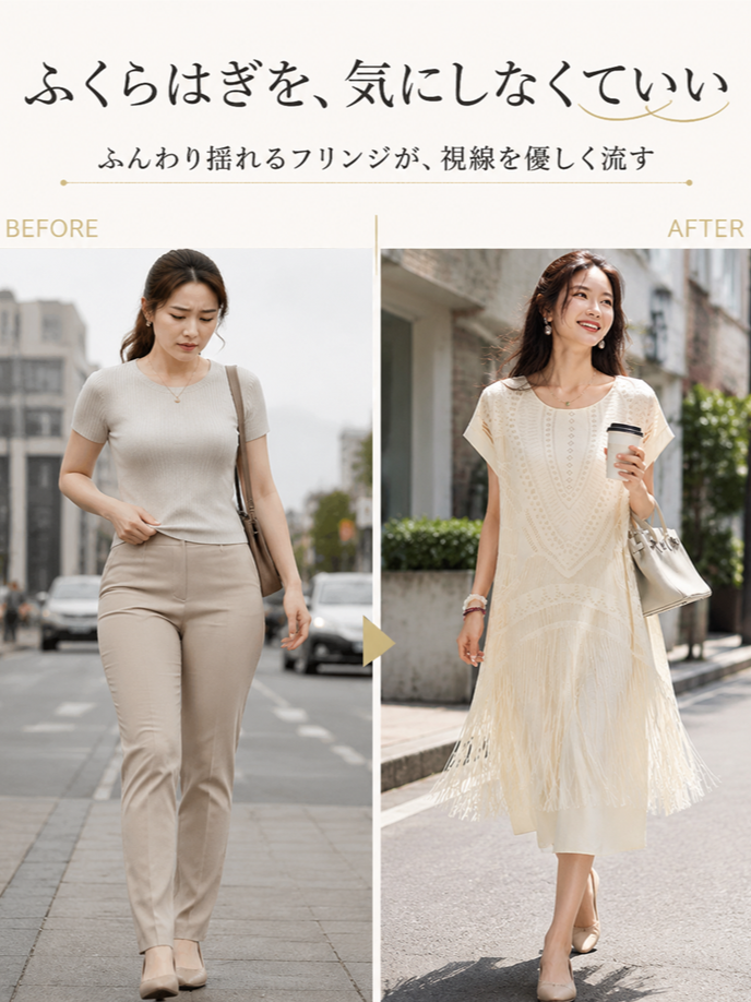 【2026秋新作】Monolly フリンジワンピース | 体型カバー・レイヤード風・上質感