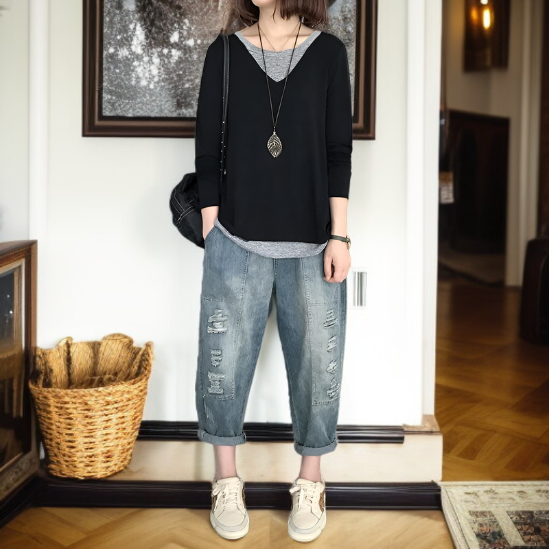 韓国スタイルパッチワークTシャツレイヤード