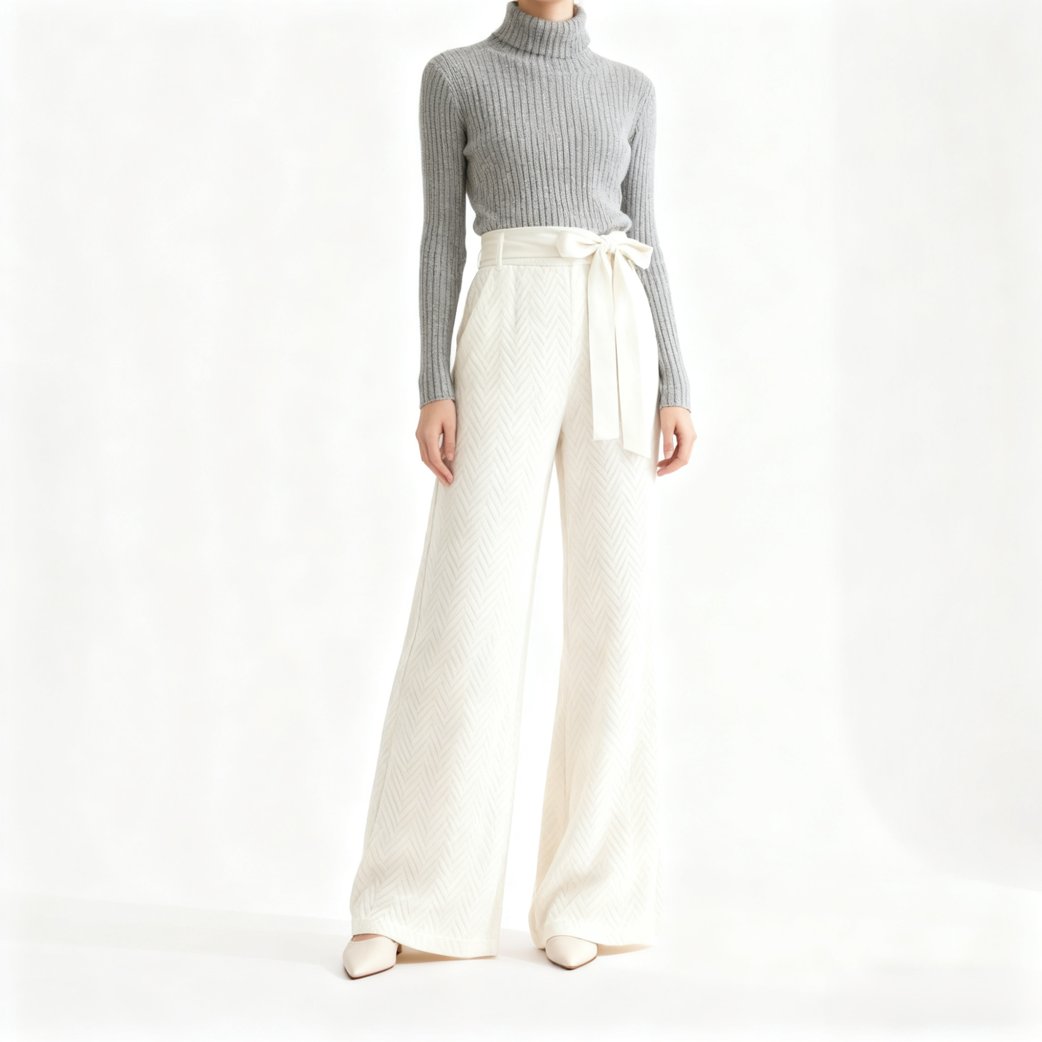 화이트 리본 와이드 팬츠 여성용