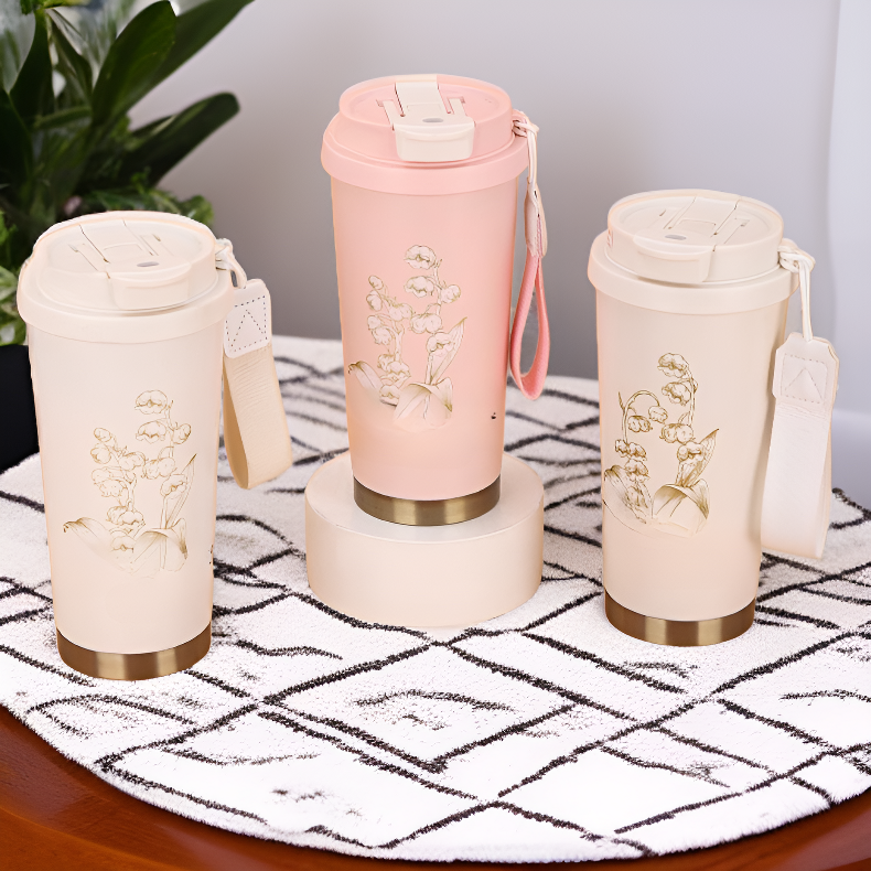 High-Value Women's 316 Stainless Steel Thermos Water Cup with Straw, Lily of the Valley Coffee Mug