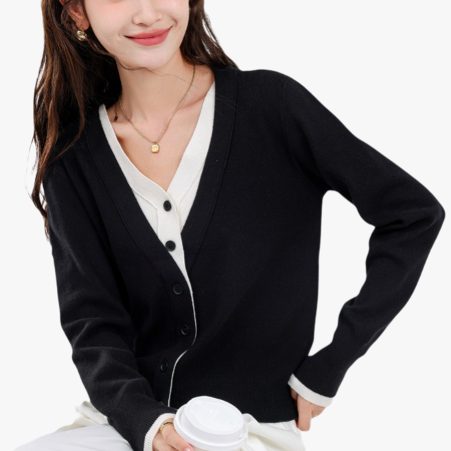 여성 니트 루즈핏 기질 레깅스 컬러링 페이크 투피스 긴팔 상의 얇은 니트