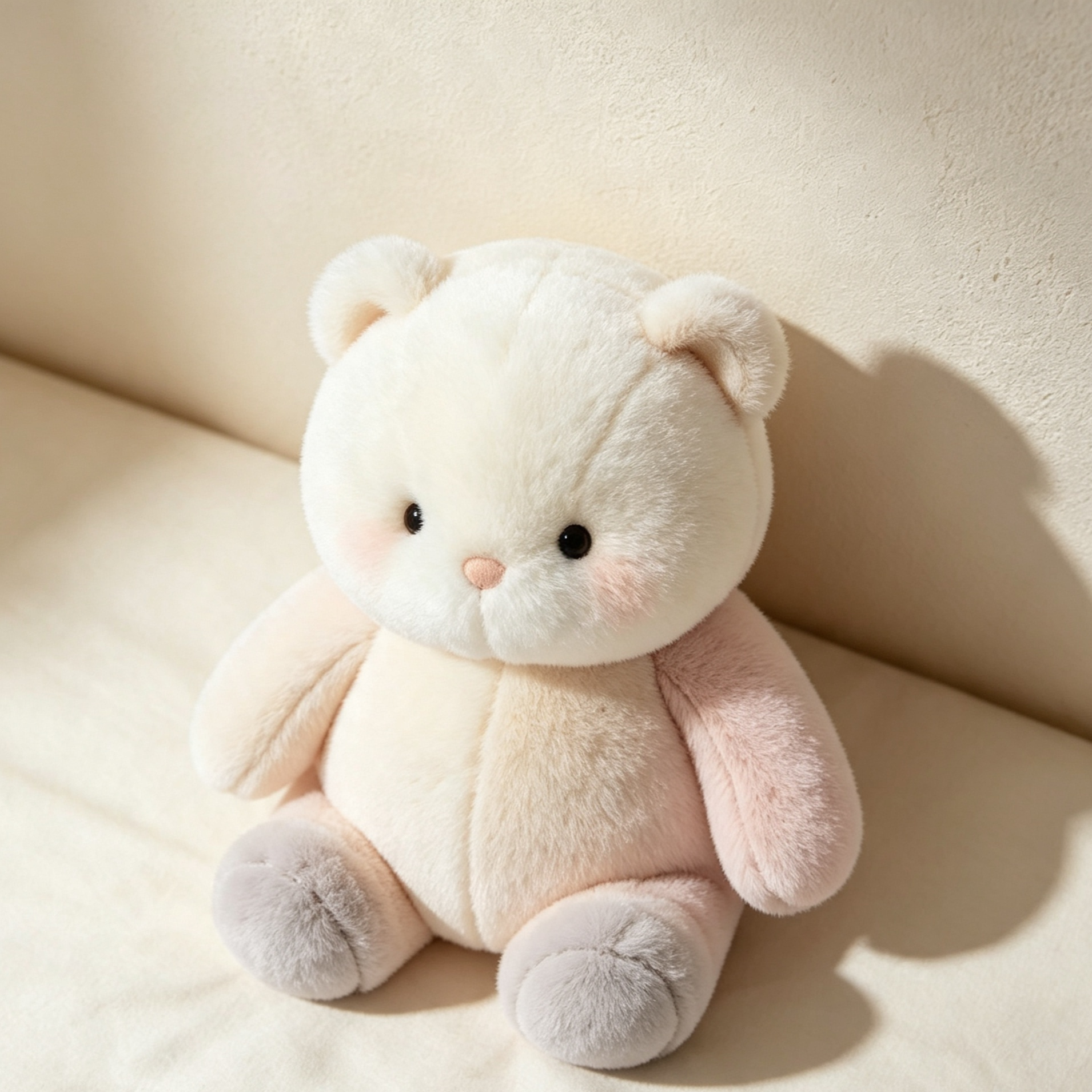 Close-up of plush bear's colorful patchwork design