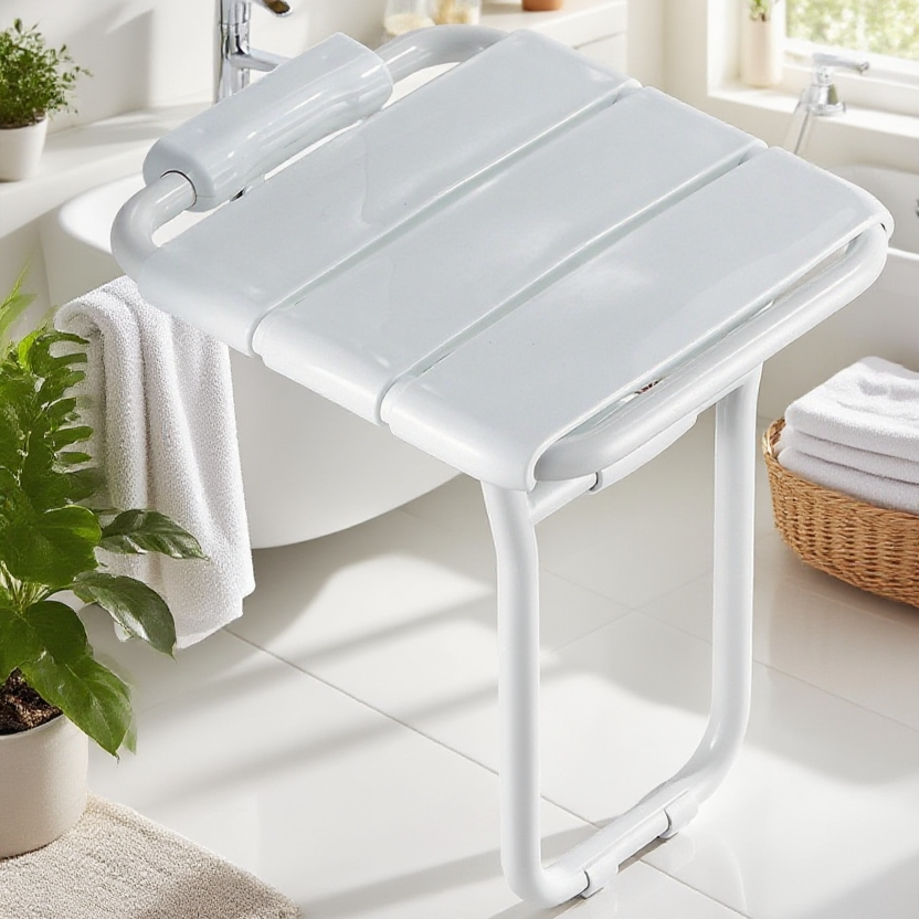 Durable materials foldable shower bench in use