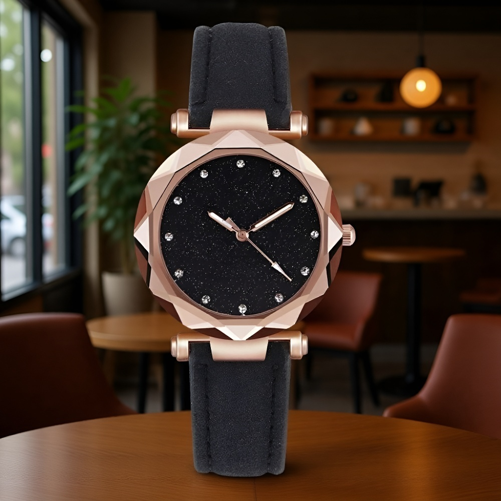 ساعة يد بعلبة باللون الذهبي الوردي وحزام جلدي مطفأ اللمعان