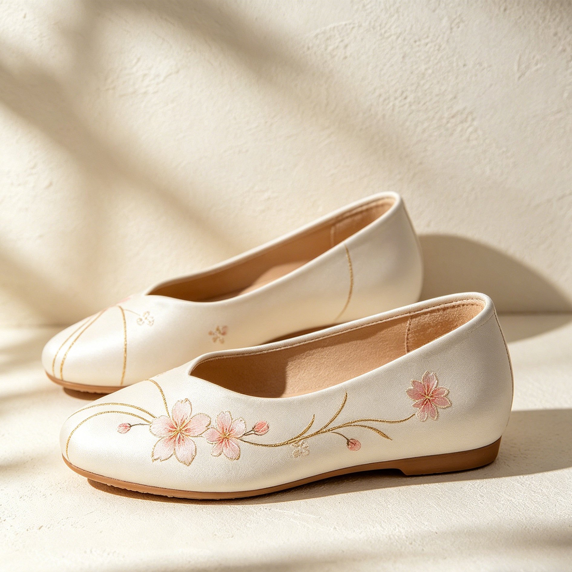 オフホワイトのシルク桜刺繍ポインテッドトゥシューズ