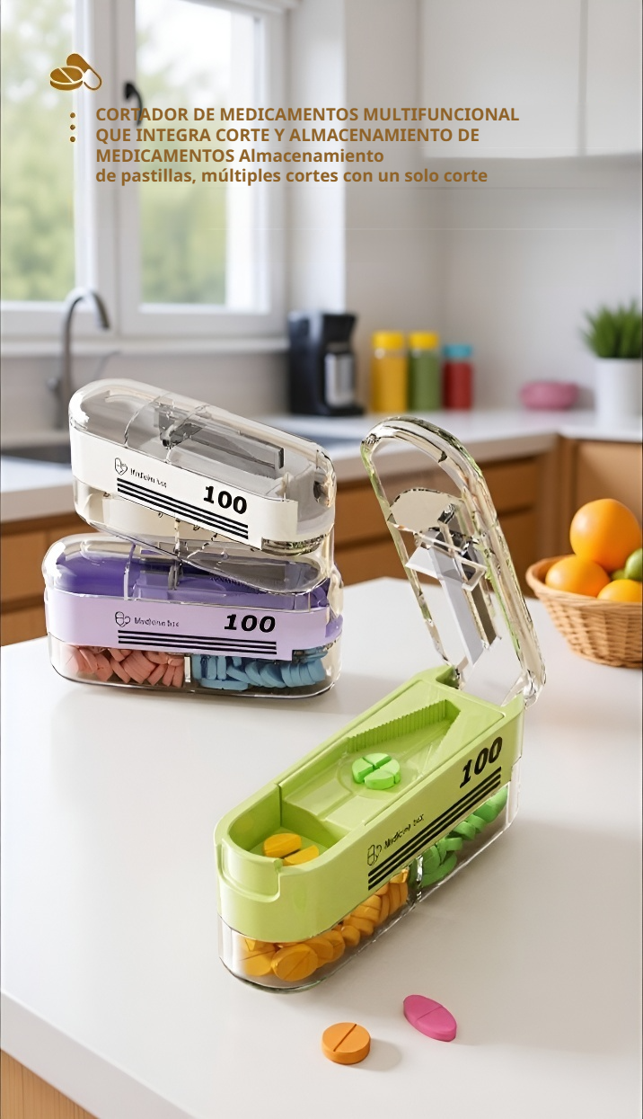 Pastillero portátil con cortador y cierre hermético para viajes