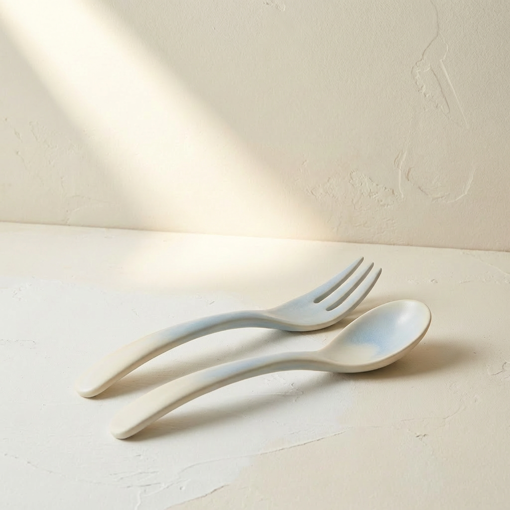 Detalle de cucharas de cerámica blancas y tenedores