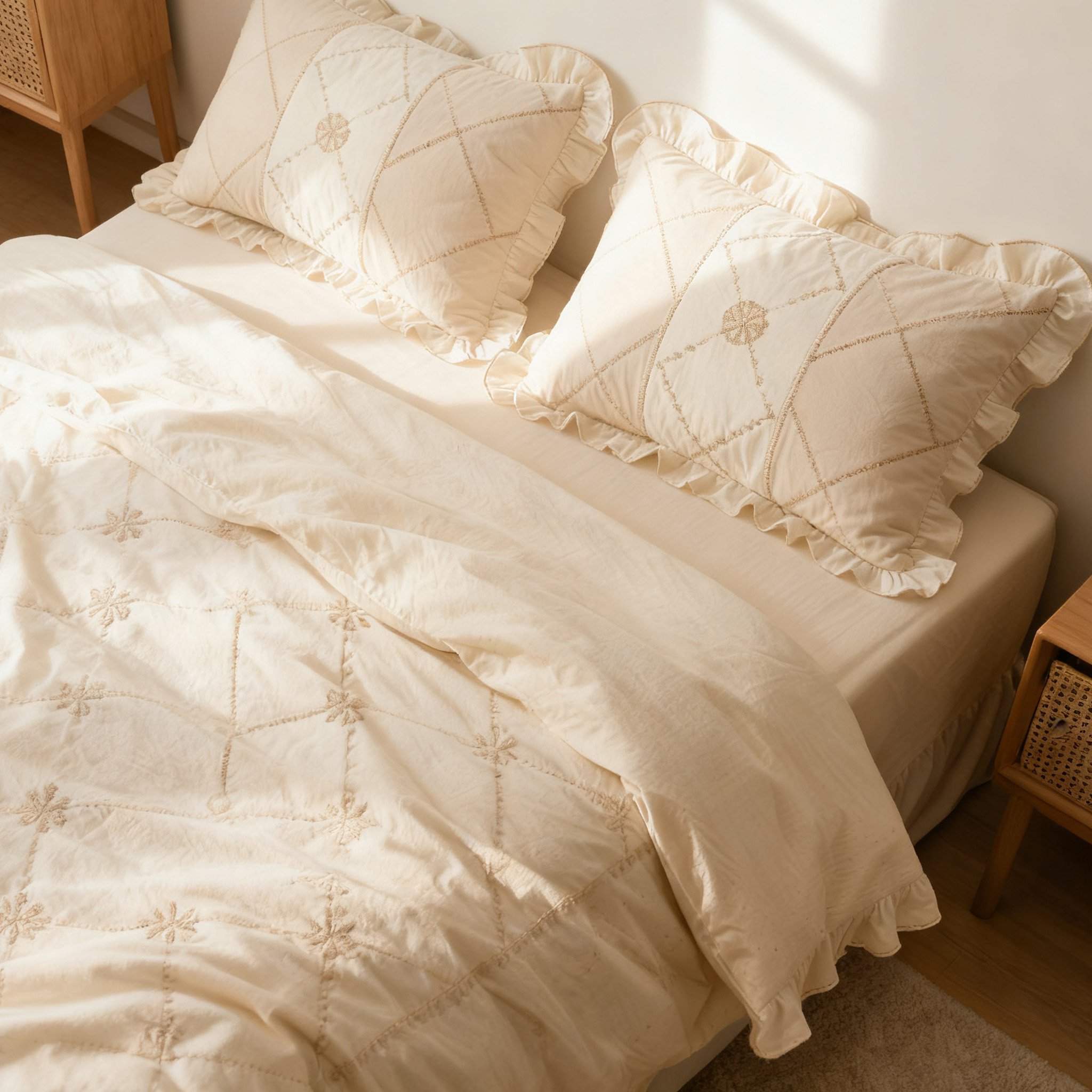 ชุดผ้าปูที่นอนผ้าฝ้ายพร้อมลูกไม้สไตล์อบอุ่นบนเตียง