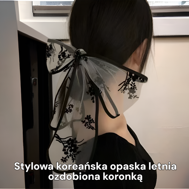 Koreańska letnia opaska z koronką, kwiatami i kokardą