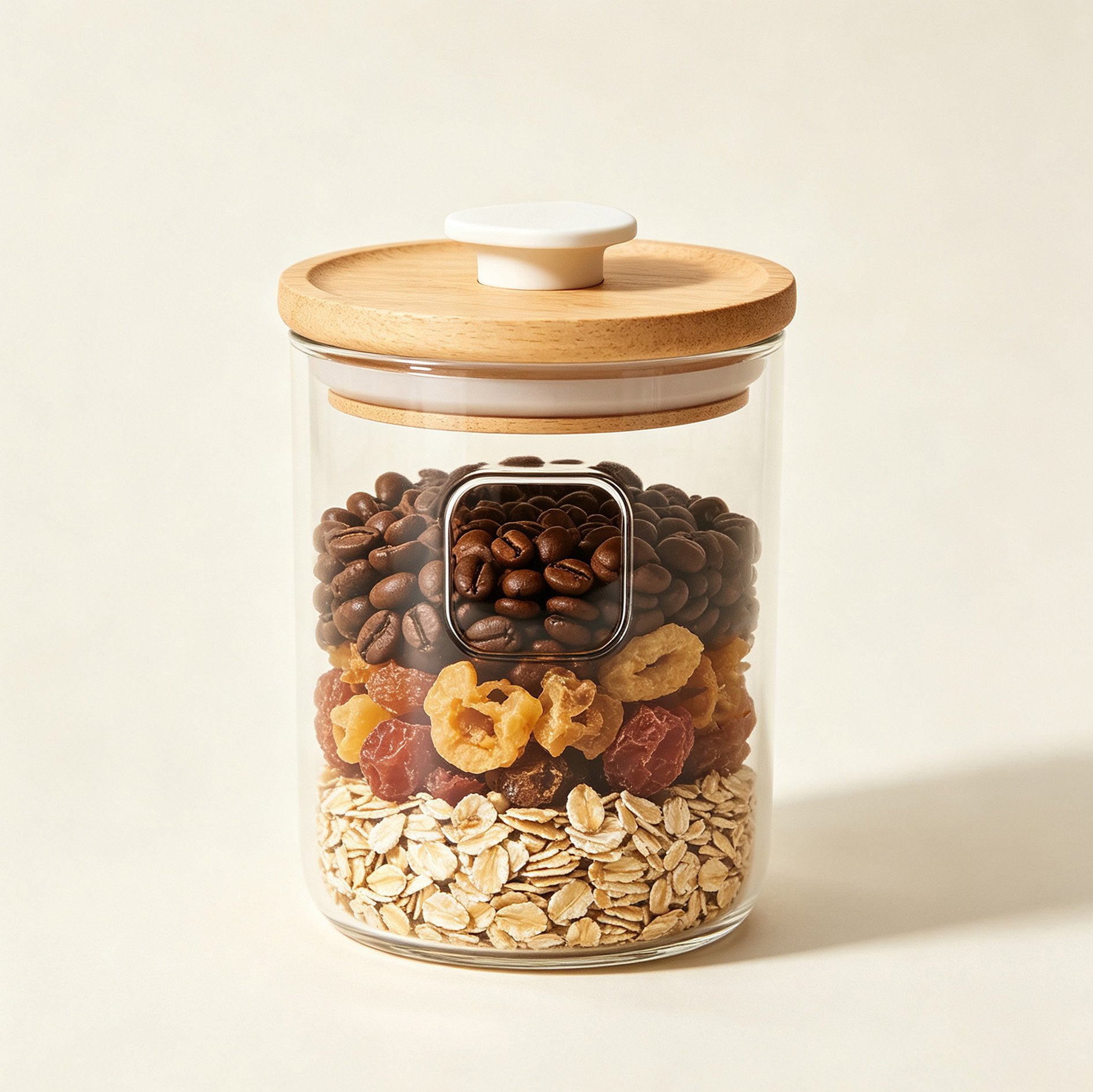 Clear storage container with wooden lid for home organization