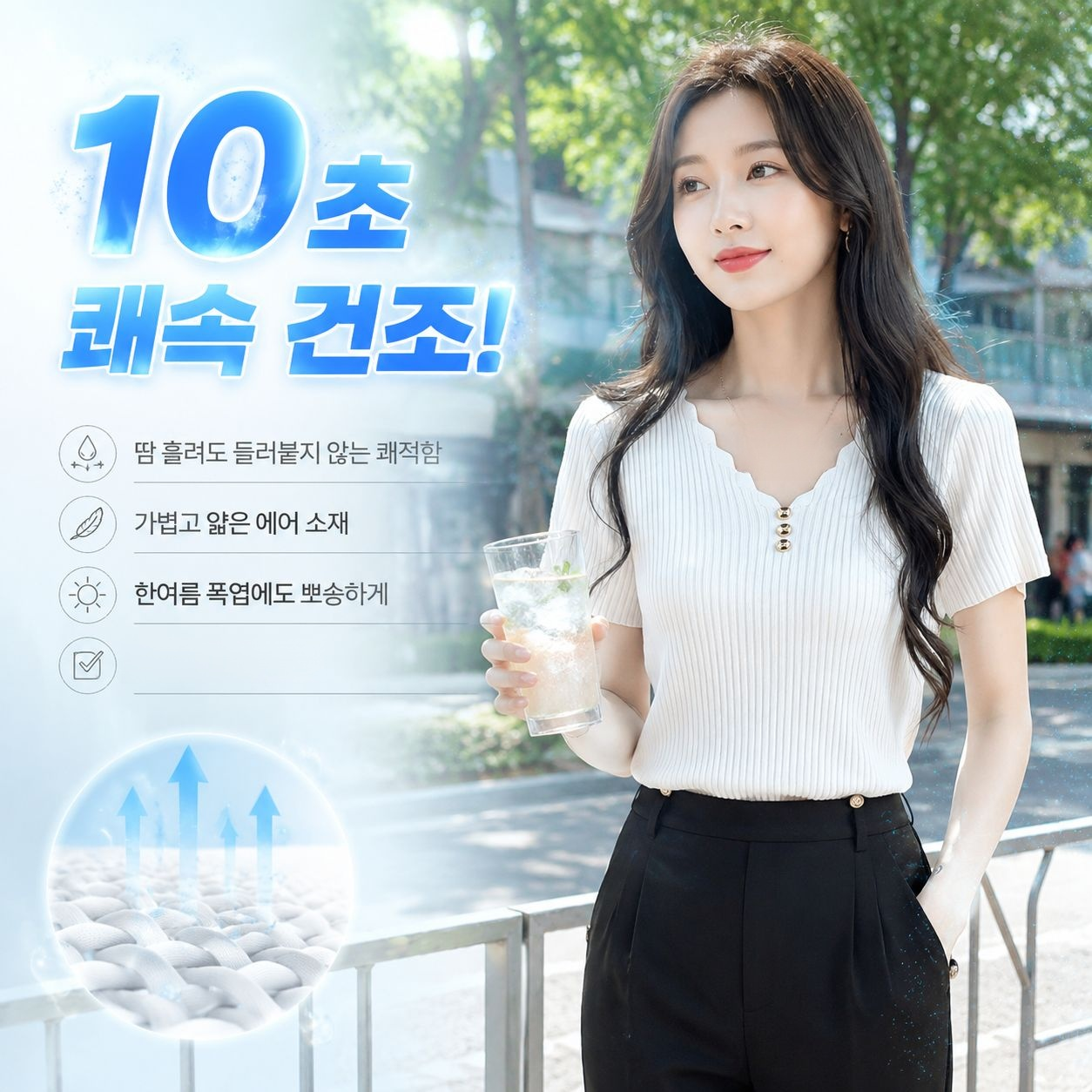 여성용 시원한 아이스 원사 브이넥 버튼 슬림핏 크롭티 (한국 스타일)