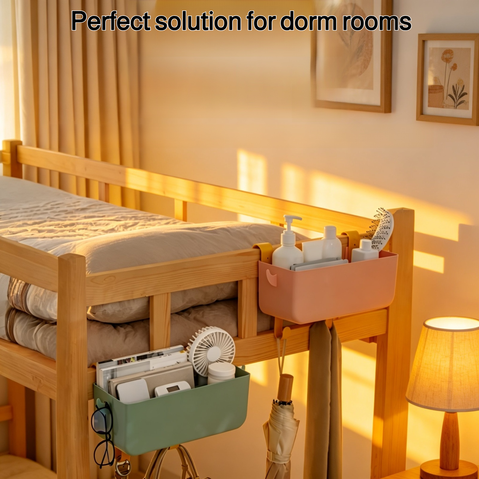 Bedside storage hanging basket attached to bed frame